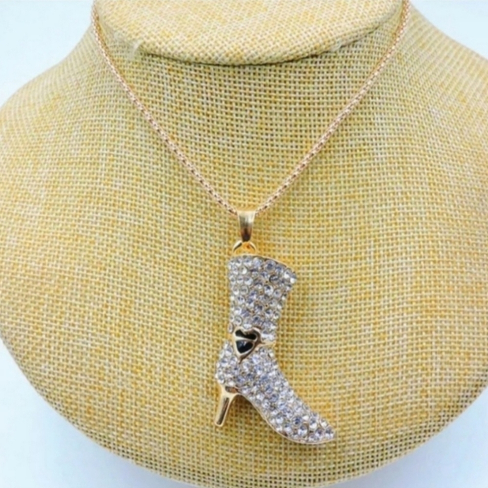 Elegany Crytal & Enamel Boot Pendant Necklace NWT